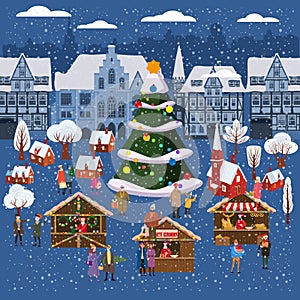 Christmas market or holiday winter outdoor fair on oldtown square big New Year tree cityscape. Big set of people walking