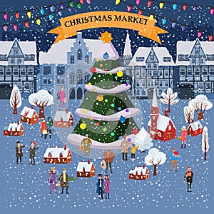 Christmas market or holiday winter outdoor fair on oldtown square big New Year tree cityscape. Big set of people walking