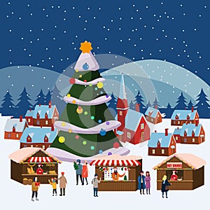 Christmas market or holiday winter outdoor fair on town square big New Year tree. Big set of people walking, buying