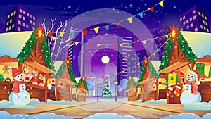 Christmas Market with lighting shopping traditional gifts, buying holiday food. Vector illustration in cartoon style. Christmas de