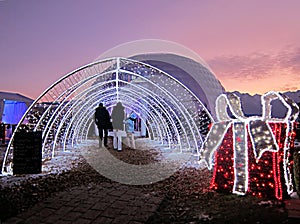 Christmas market in Montreux, Switzerland, at sunset with a beau