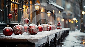 Christmas market, no people. Bright illumination, houses, counters, gifts. New Year holiday. Decorated street, cityscape
