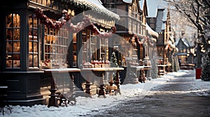 Christmas market, no people. Bright illumination, houses, counters, gifts. New Year holiday. Decorated street, cityscape