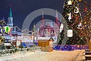 Christmas market on Red Square in Moscow for the New Year. The snowstorm.