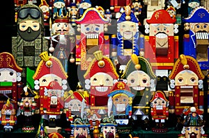 Christmas Market in Red Square, Moscow. Sale of toys, famous and popular fairy-tale characters, figurines. Nutcracker