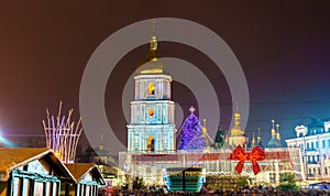 Christmas market and Saint Sophia Cathedral, a UNESCO world heritage site in Kiev, Ukraine