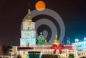 Christmas market and Saint Sophia Cathedral, a UNESCO world heritage site in Kiev, Ukraine