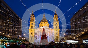 Christmas Market in Saint Stephen Basilica square, Budapest, Hungary.