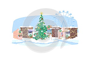 Christmas market semi flat vector illustration