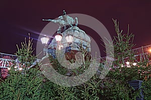 Christmas market on Sophia Square in Kyiv, Ukraine. The monument to the famous Ukrainian hetman Bogdan Khmelnitsky