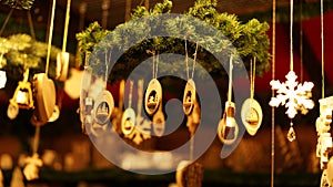 Christmas Market at Southbank Centre Winter Market with wooden Christmas ornaments in London, United Kingdom.