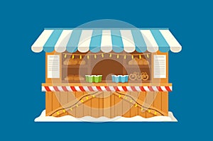Christmas Market Stall with Striped Apron, Baked Food and Hot Drinks. Xmas Wooden Kiosk, Isolated Winter House