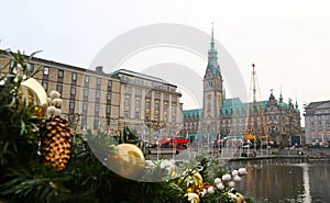 Christmas market at Town Hall square in Hamburg, Germany