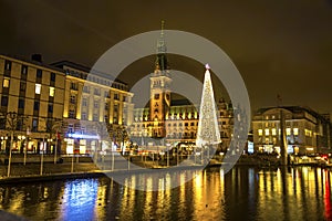 Christmas market at Town Hall square in Hamburg, Germany