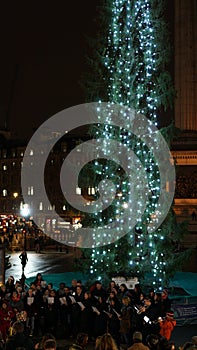 Christmas Market at Trafalgar Square with Christmas Tree in London, United Kingdom.
