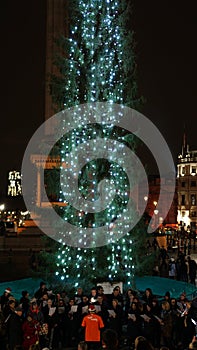 Christmas Market at Trafalgar Square with Christmas Tree in London, United Kingdom.