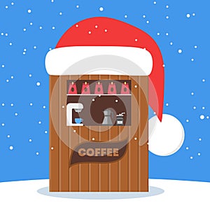 Christmas market vector illustration. Coffe shop. Lovely holiday tradition.