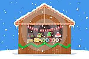 Christmas market vector illustration. Festive food and holiday decoration shop