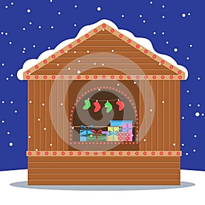 Christmas market vector illustration. Christmas gifts and decoration shop.