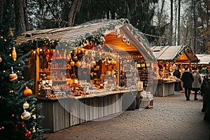 A Christmas market with vendors selling decorations, food, and gifts. By generative Ai photo