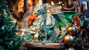 Christmas market in Vienna, Austria. Decorated Christmas tree with green dragon. Selective focus