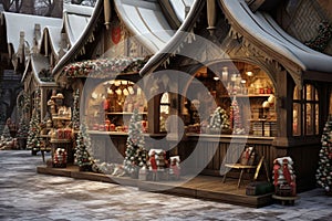 Christmas market with wooden stalls selling