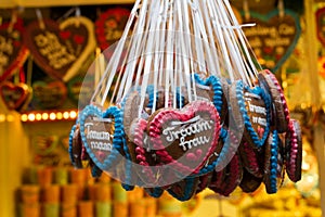Christmas market in Wuppertal-Barmen, Germany. On the gingerbread heart itsays