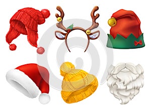 Christmas mask, Santa Claus hat, knitted hat. 3d realistic vector icon set