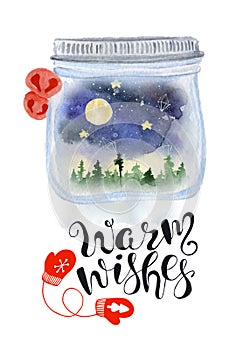 Christmas mason jar snow globe with nigt sky and woodland inside watercolor hand drawn illustration