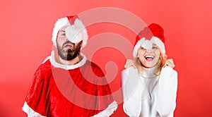 Christmas masquerade or karnival concept. Couple cheerful face celebrate christmas. Couple celebrate winter holiday