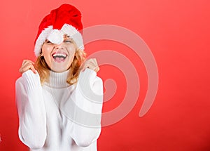 Christmas masquerade or karnival concept. Girl cheerful face celebrate christmas. Woman celebrate winter holiday