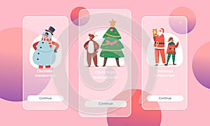 Christmas Masquerade Mobile App Page Onboard Screen Template. Children in Costumes, Girls and Boys Characters on Matinee