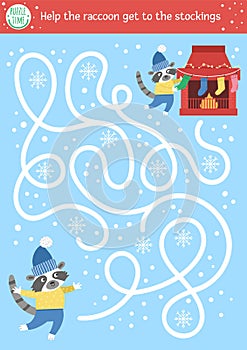 Christmas maze for children. Winter new year preschool printable educational activity. Funny holiday game or puzzle with cute