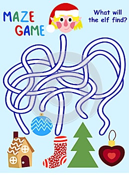 Christmas maze game with elf girl stock vector illustration