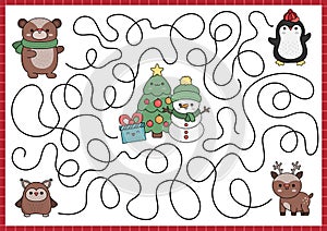 Christmas maze for kids. Winter holiday preschool printable activity with cute kawaii deer, penguin, bear, owl, fir tree, snowman