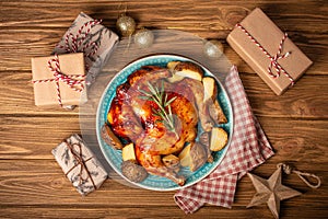 Christmas meal with roasted chicken top view