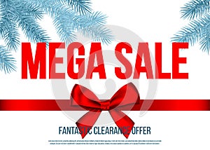 Christmas mega sale banner with gift bow, ribbon, spruce bra