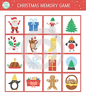 Christmas memory game cards with traditional holiday symbols. Matching activity with funny characters. Remember and find correct