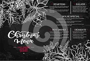 Christmas menu. Chalkboard restaurant and cafe template. Vector hand drawn illustration