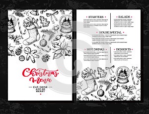 Christmas menu. Chalkboard restaurant and cafe template. Vector hand drawn illustration with holly, mistletoe