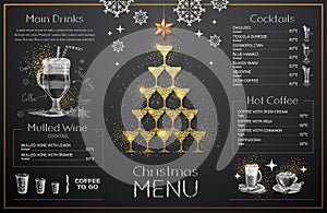 Christmas menu design with golden champagne glasses. Restaurant menu.