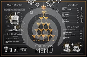 Christmas menu design with golden champagne glasses. Restaurant menu.