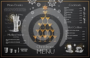 Christmas menu design with golden champagne glasses. Restaurant menu.