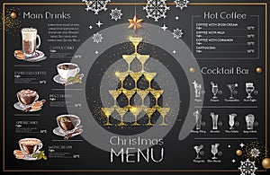 Christmas menu design with golden champagne glasses. Restaurant menu.