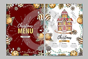 Christmas menu design with sweet gingerbread house and christmas decorations