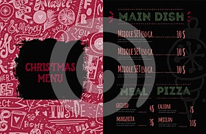 Christmas menu design template with lettering. Restaurant background. Vector hand drawn illustration Food and Drink