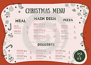 Christmas menu design template with lettering. Restaurant background. Vector hand drawn illustration Food and Drink