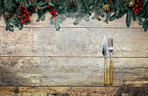 Christmas menu mockup. Christmas, New Year table place setting. Mockup of Christmas or New Year invitation card on dark wooden