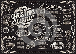 Christmas menu for restaurant and cafe on a blackboard.