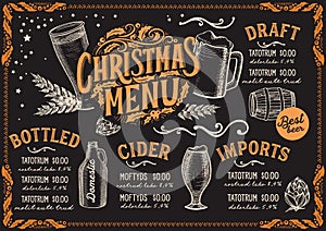 Christmas menu template for beer restaurant on a blackboard.